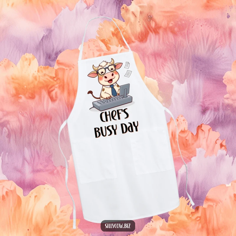 Funny Cow Apron: A cute, round cow wearing glasses and a tie types on a keyboard with papers flying, perfect for kitchen humor.