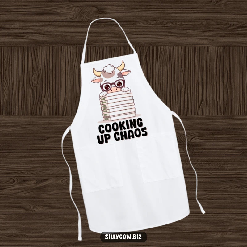 Funny apron with a silly cow wearing glasses, peeking over a large stack of files, ready for culinary adventures with a humorous twist.