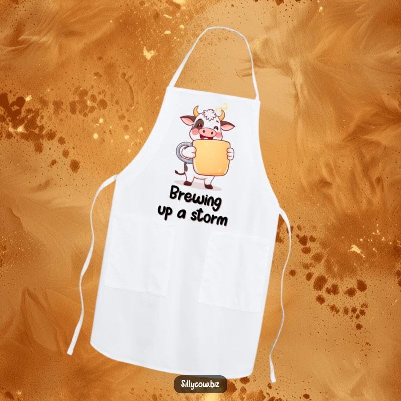 Funny Cow Apron: A happy cow in office attire holds a giant coffee mug with steam, perfect for kitchen humor.