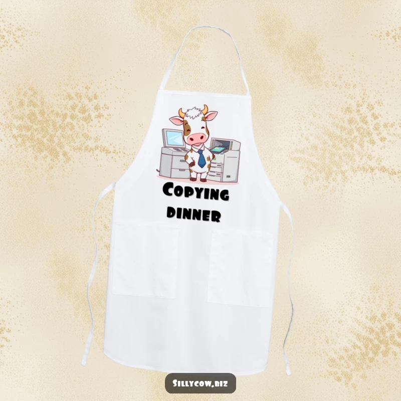 Funny Cow Apron: Cow in a tie attempts to use a malfunctioning photocopier, adds humor to cooking.