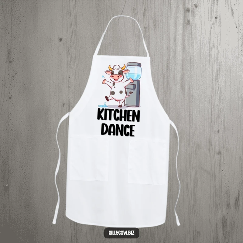 Funny Cow Apron: Cow joyfully dances by a water cooler, spilling a little, adds humor to cooking.