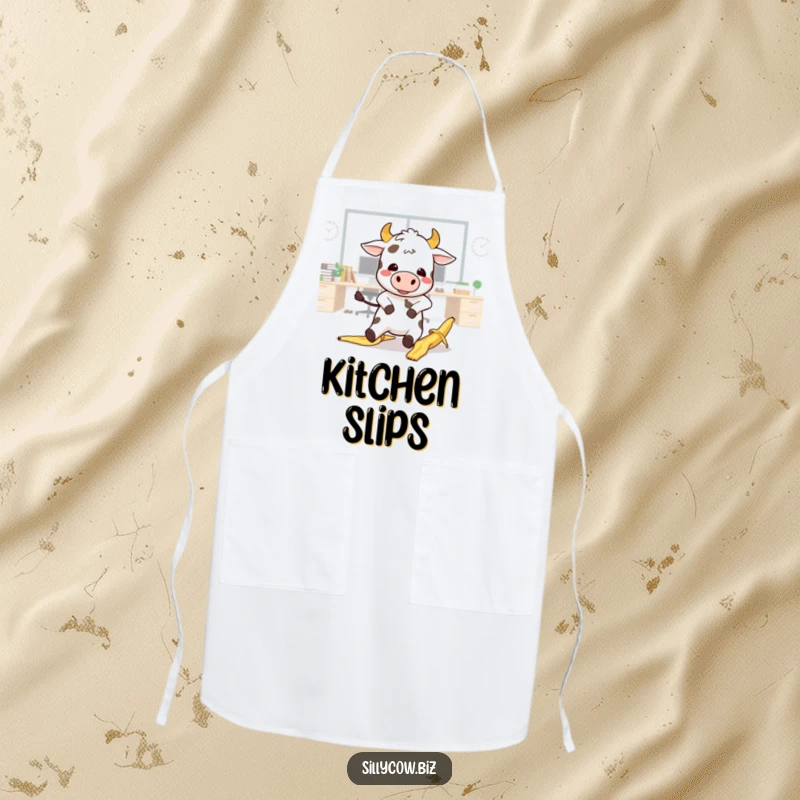 Funny Cow Apron: Kawaii cow comically slips on a banana peel in an office, adds humor to cooking.