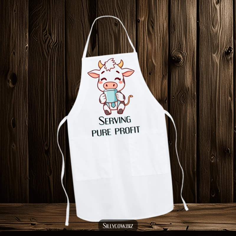 Funny apron with a cheerful cow in a business suit happily sipping coffee, perfect for a humorous and stylish kitchen experience.