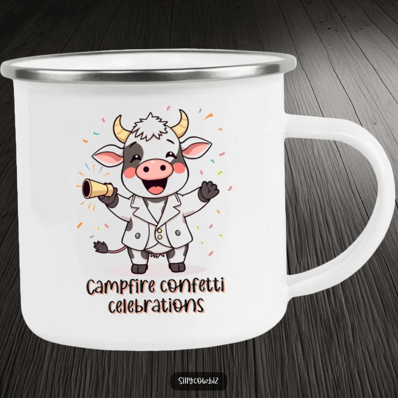 Funny Cow Camping Mug: Cheerful cow in a blazer launching confetti, perfect for adding fun to outdoor adventures.