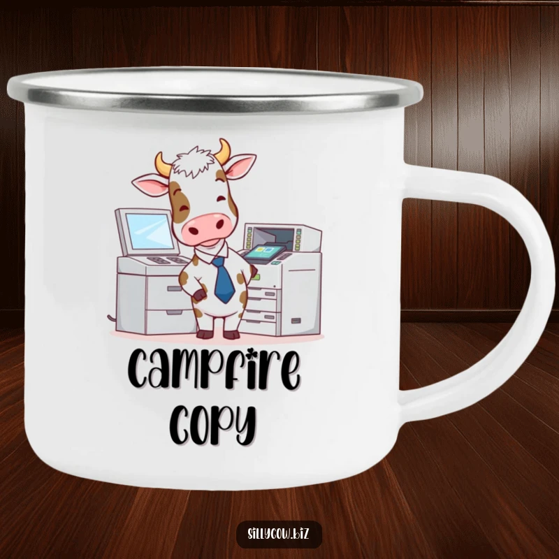 Funny Cow Camping Mug: Cow in a tie attempts to use a malfunctioning photocopier, ideal for camping.