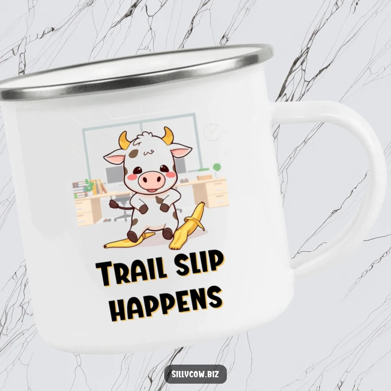 Funny Cow Camping Mug: Kawaii cow comically slips on a banana peel in an office, perfect for camping.