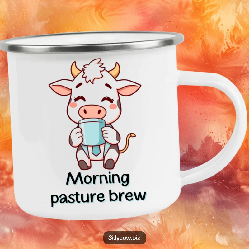 Funny camping mug with a cheerful cow in a business suit happily sipping coffee, perfect for outdoor breaks with a humorous twist.