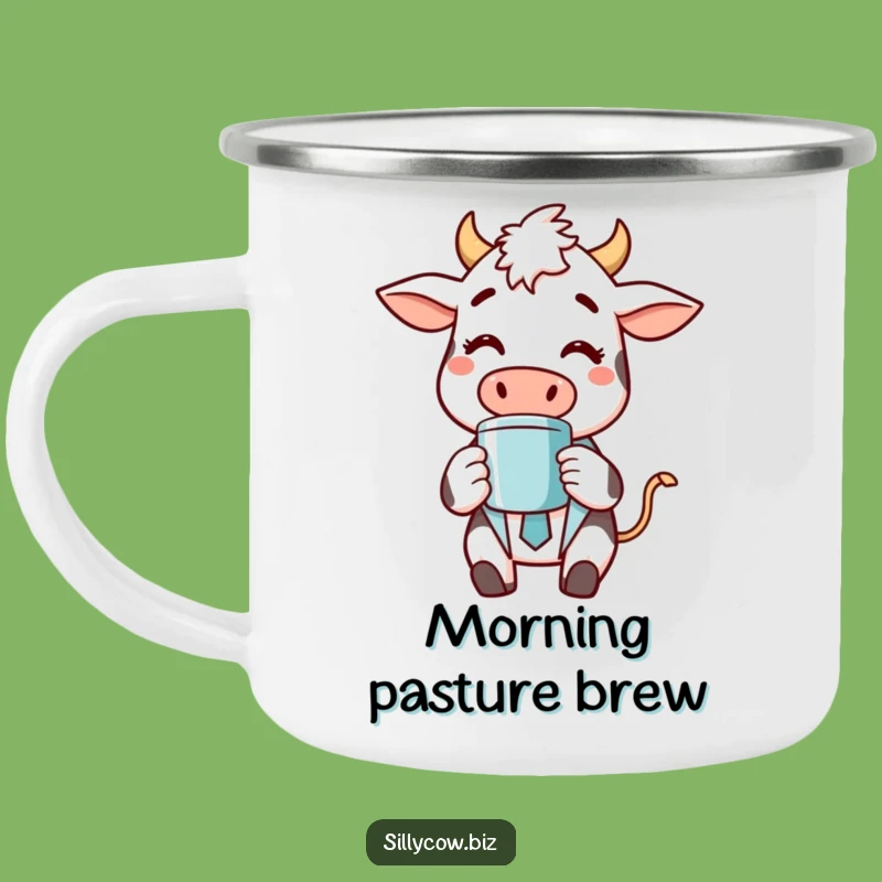 Funny Cow Campfire Mug: Cheerful Cow in Suit, Coffee Break, Outdoor Gift