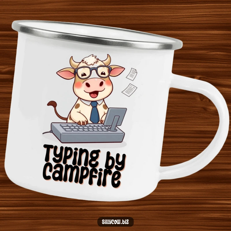 Funny Cow Camping Mug: A cute cow types on a keyboard with papers flying, perfect for drinks with a dose of office humor.