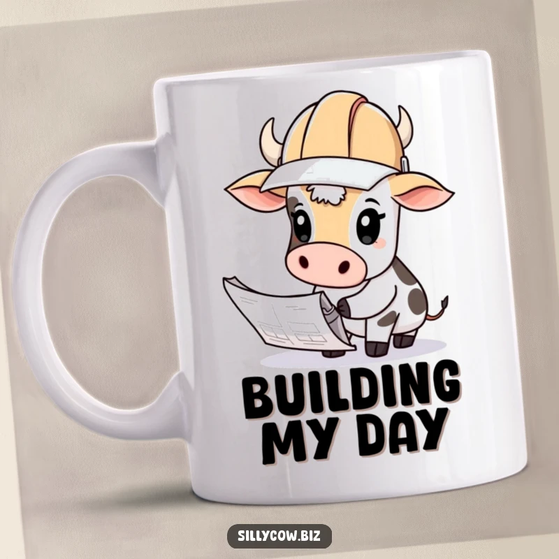 Funny Cow Mug: Cow wearing a hard hat looks curiously at blueprints, ready for construction humor.
