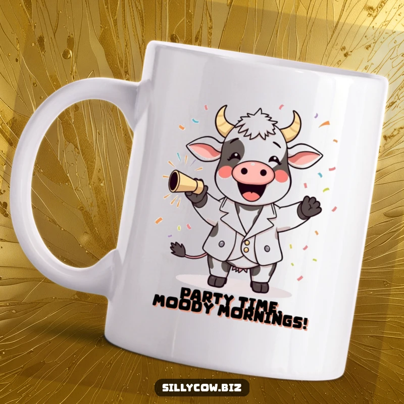 Funny Cow Mug: Cheerful cow in a tiny blazer, joyfully firing a confetti cannon, celebrating with pure delight.