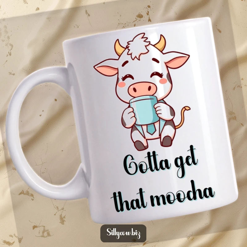 Funny business mug featuring a cheerful cartoon cow in a suit happily sipping coffee, perfect for office humor and a great gift.