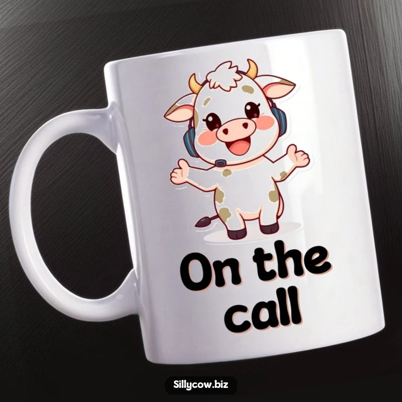 Funny mug showing a happy cow character wearing a headset, enthusiastically gesturing while talking, perfect for call center humor.