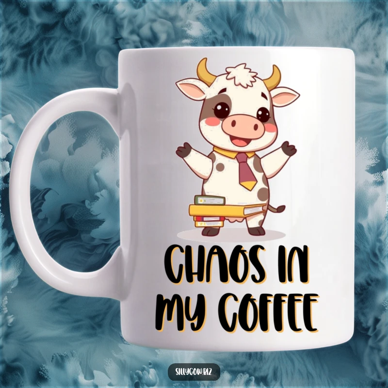 Funny Cow Mug: A playful cow in a novelty tie, struggling comically to balance a tall stack of office folders.