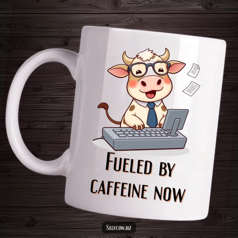 Funny Cow Typing Mug: A cute, round cow in a tie and glasses types furiously on a huge keyboard, papers flying around.