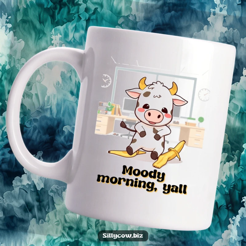 Funny Cow Mug: Kawaii cow comically slips on a banana peel in an office, perfect for work humor.