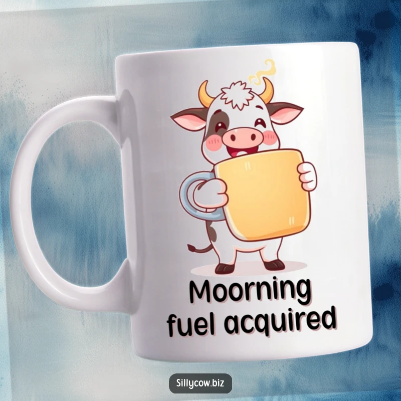 Funny Cow Coffee Mug: A happy cow in office attire gleefully holds a giant coffee mug with comically rising steam.