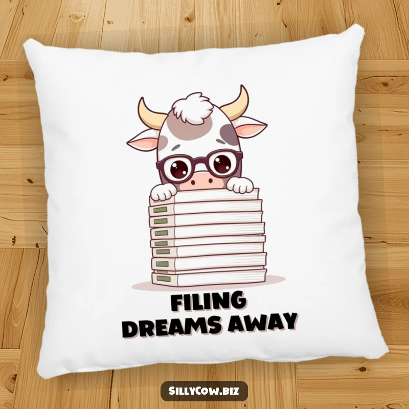 Funny pillow with a silly cow wearing glasses, peeking over a large stack of files, offering comfort and humorous decor.