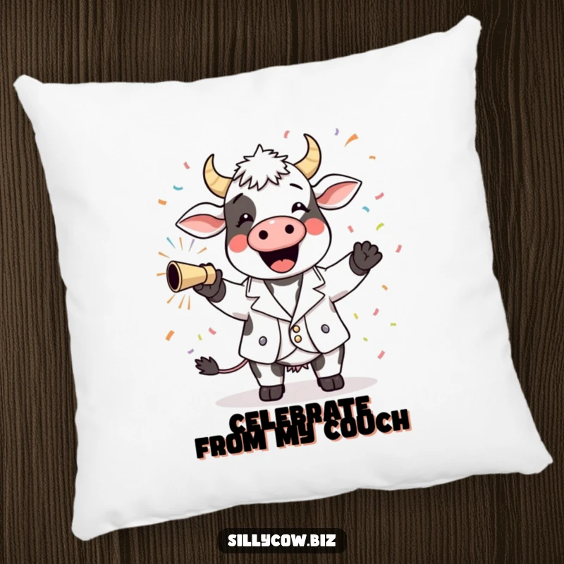 Funny Cow Pillow: Cheerful cow in a blazer launching confetti, adding a fun and festive touch to your home decor.