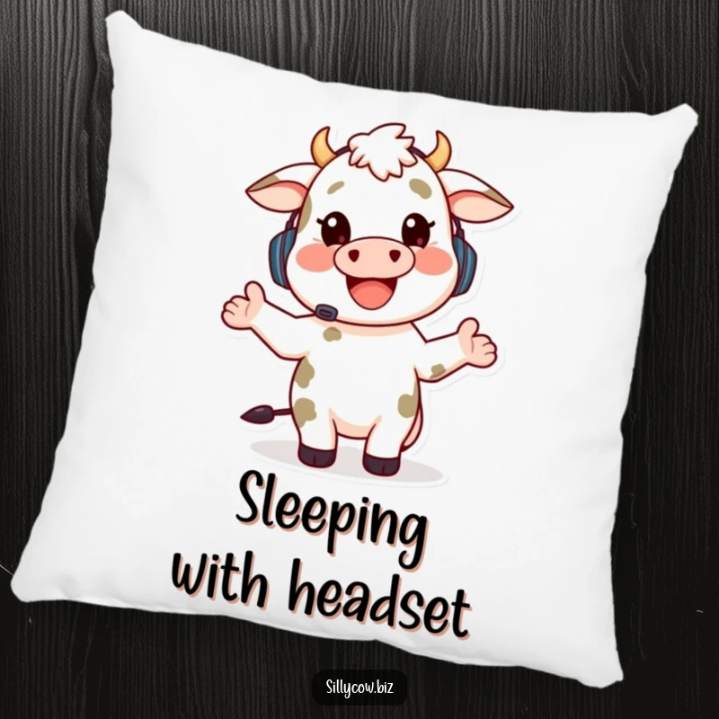 Funny pillow with a happy cow wearing a headset, gesturing enthusiastically while talking, offering comfort and humorous decor.