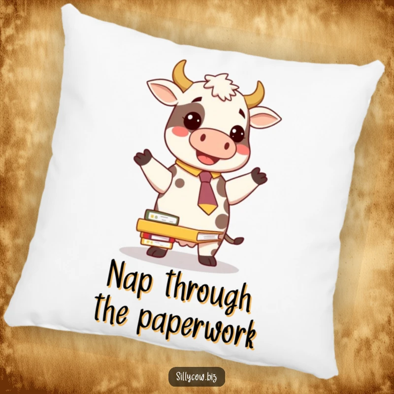 Funny Cow Pillow: A playful cow in a novelty tie comically attempting to balance folders, bringing office humor to decor.