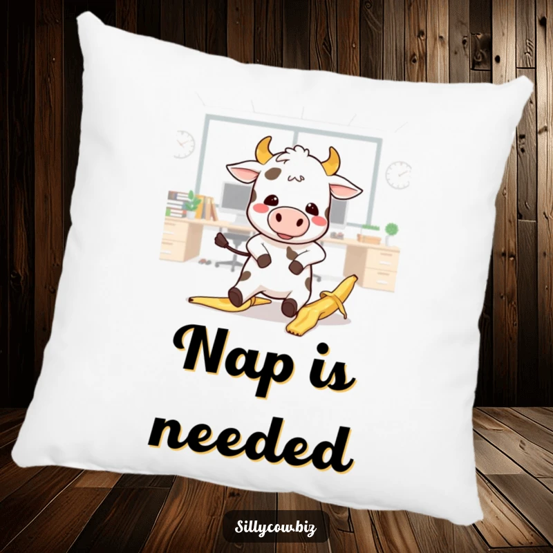 Funny Cow Pillow: Kawaii cow comically slips on a banana peel in an office, soft and humorous cushion.
