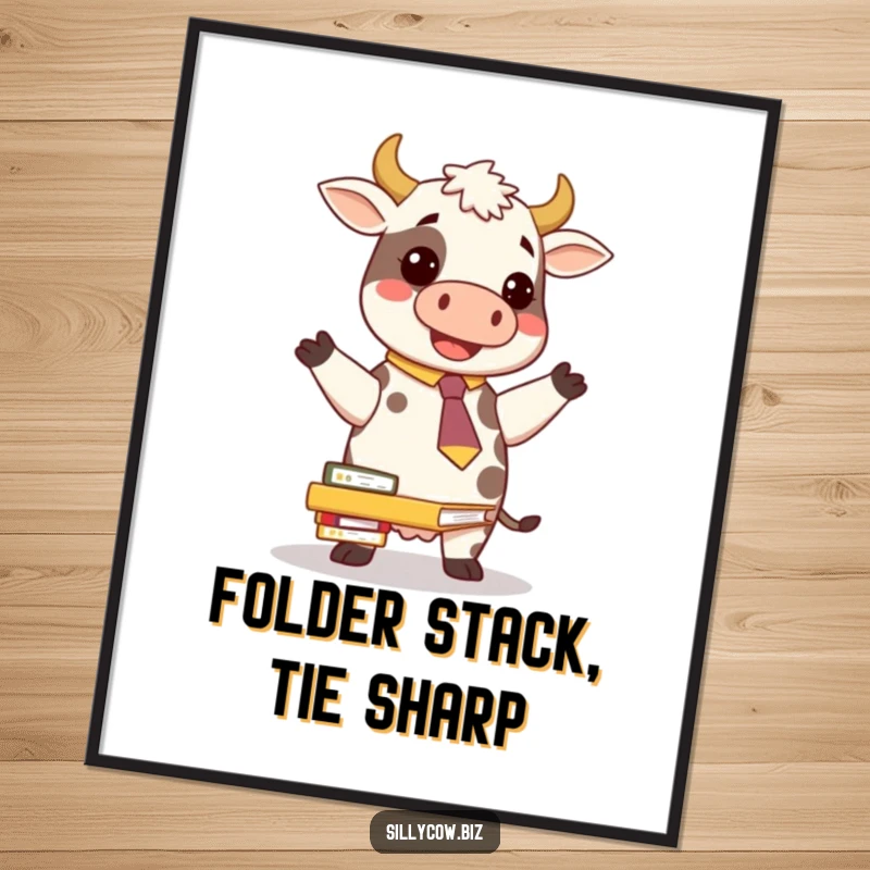 Funny Cow Digital Art: Cow in a novelty tie comically balancing folders, perfect for instant office humor wall decor.