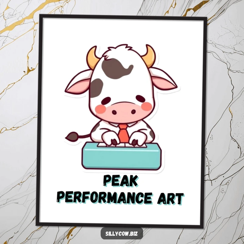 Funny digital art print of a cartoon cow in a tie, enthusiastically typing on a tiny keyboard, instant humorous wall decor.