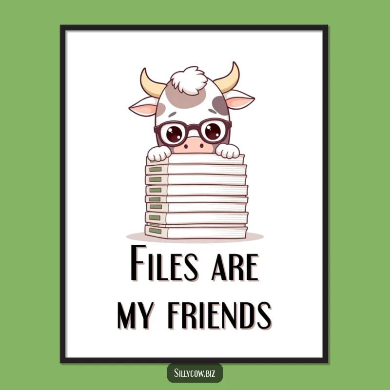 Funny Cow Scholar Art Print: Silly Cow in Glasses, Files, Instant Quirky Decor