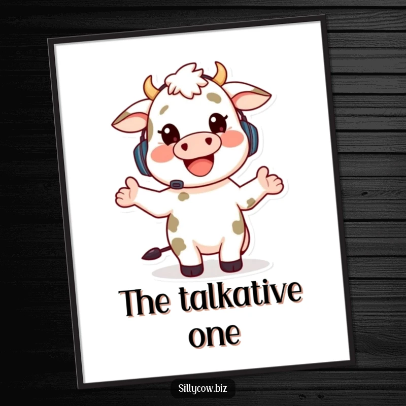 Funny digital art print of a happy cow wearing a headset, gesturing enthusiastically while talking, perfect for humorous office decor.