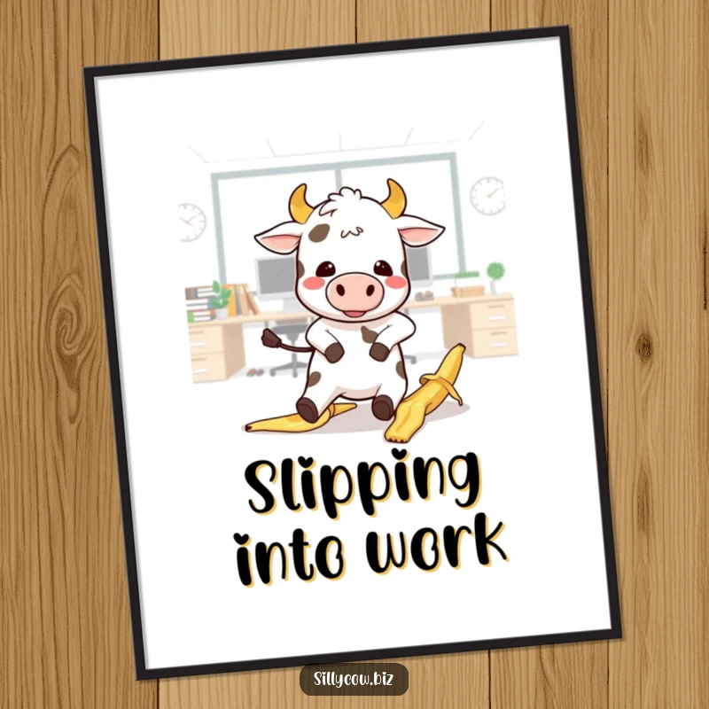 Funny Cow Digital Art: Kawaii cow comically slips on a banana peel in an office, adds humor.