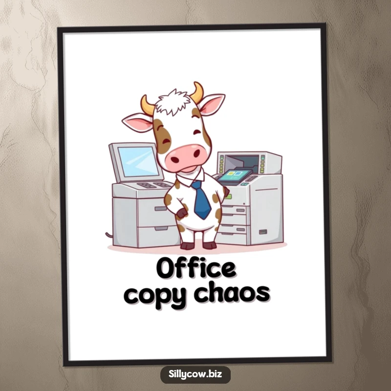 Funny Cow Digital Art: Cow in a tie attempts to use a malfunctioning photocopier, humorous office art.