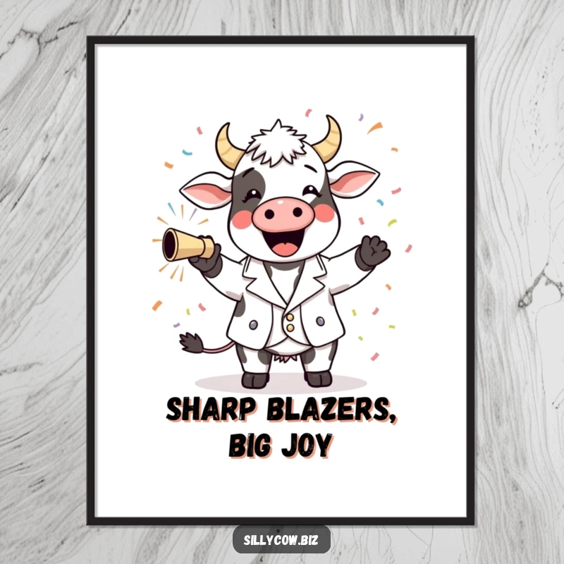 Funny Cow Digital Art: Happy cow in a tiny blazer joyfully shooting confetti, perfect for instant festive wall decor.