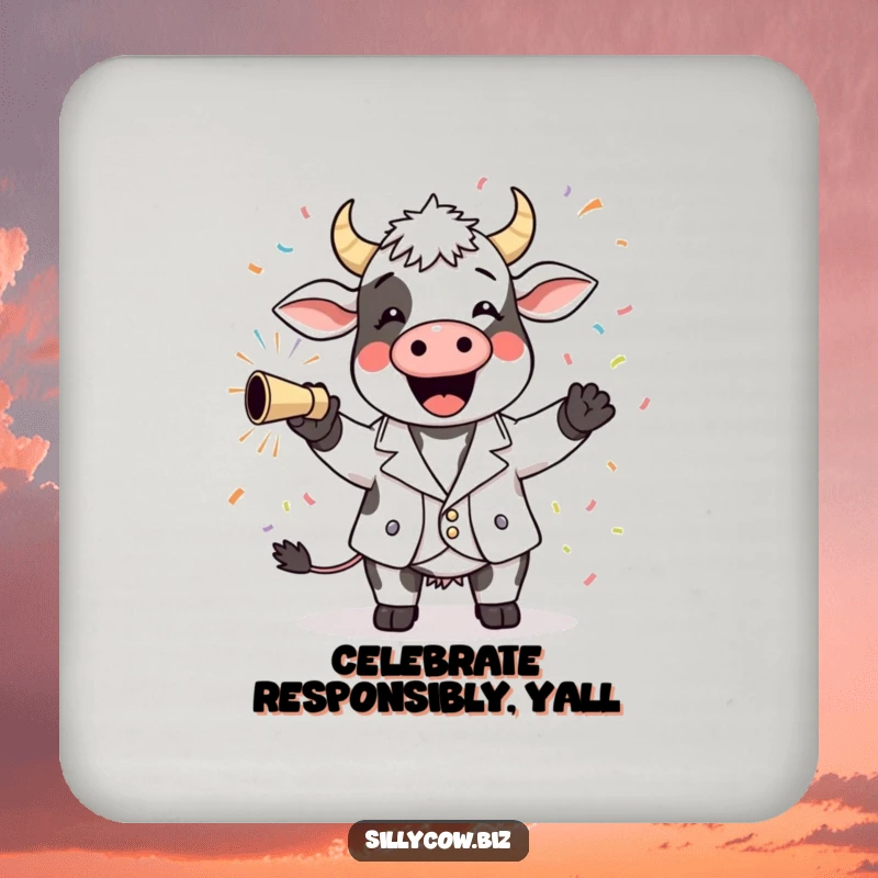 Funny Cow Coasters: A cheerful cow in a blazer firing confetti, bringing humor and celebration to your drink station.