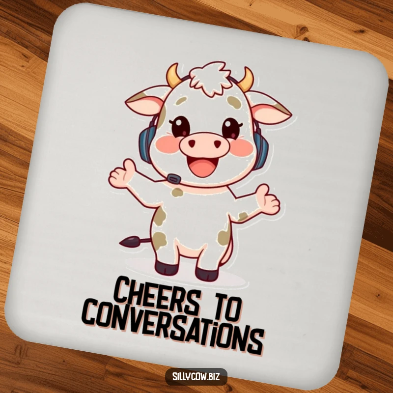 Funny drink coaster featuring a happy cow wearing a headset, gesturing enthusiastically while talking, a humorous and protective accessory.