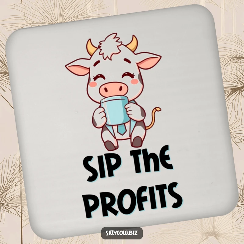 Funny drink coaster featuring a cheerful cow in a business suit happily sipping coffee, a stylish and humorous addition to any table.