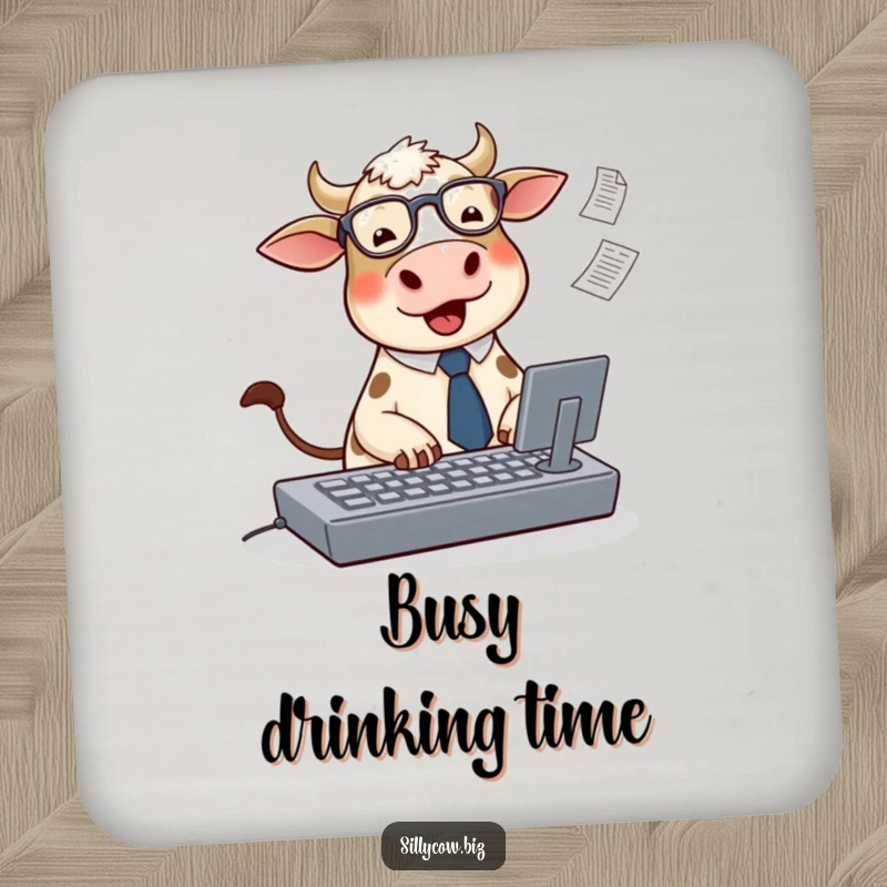 Funny Cow Coaster: A coaster featuring a cute, round cow typing on a keyboard with papers flying, perfect for office protection.
