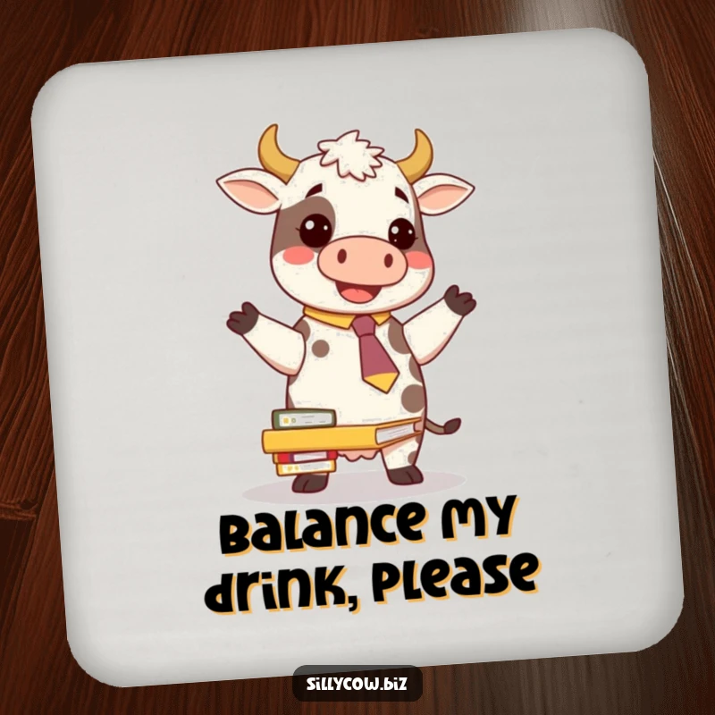 Funny Cow Coasters: Cow wearing a novelty tie comically balancing folders, bringing office humor to your drink station.