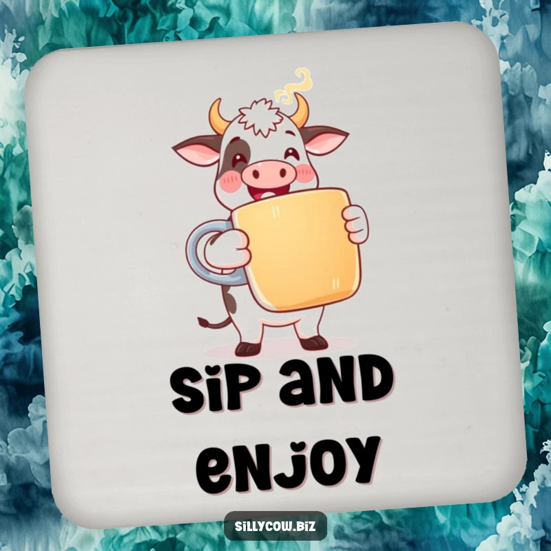 Funny Cow Coaster: A coaster featuring a happy cow in office attire holding a giant coffee mug with steam, offering protection.