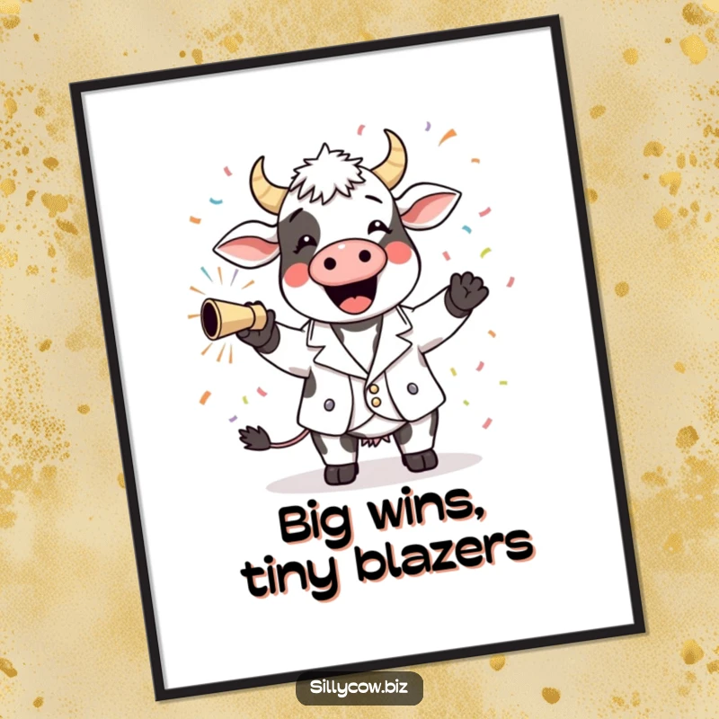Funny Cow Poster: A happy cow in a tiny blazer joyfully shooting confetti, bringing a burst of celebration to your wall.
