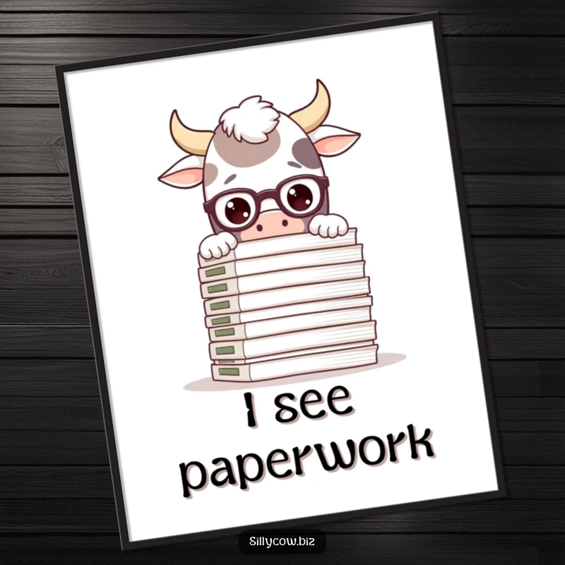 Funny poster of a silly cow wearing glasses, looking over a huge pile of documents, adding a humorous touch to any room.