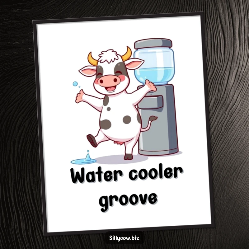 Funny Cow Poster: Cow joyfully dances by a water cooler, spilling a little, adds energy and humor.