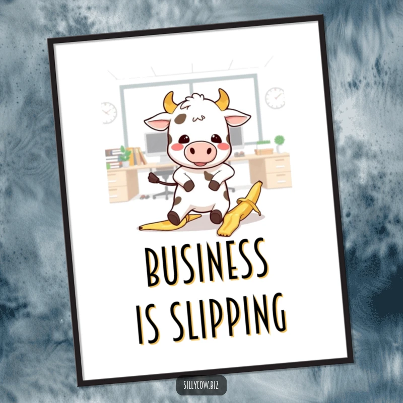 Funny Cow Poster: Kawaii cow comically slips on a banana peel in an office, perfect humorous wall art.