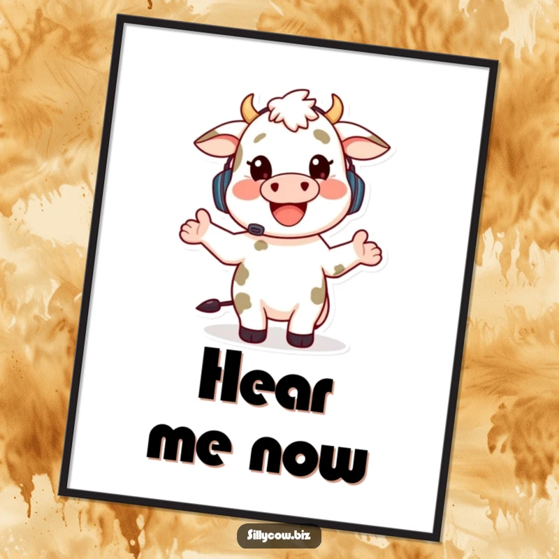 Funny poster showing a happy cow wearing a headset, enthusiastically gesturing while talking, adding energetic humor to any space.