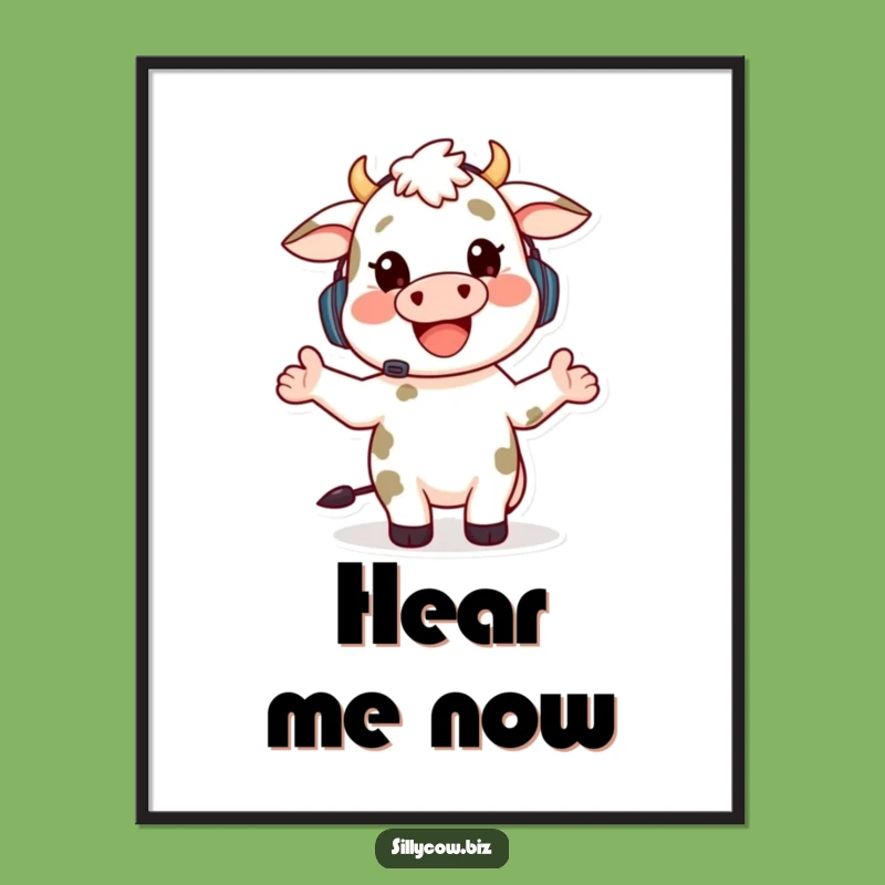 Funny Cow Motivational Poster: Happy Cow Headset, Gesturing, Quirky Art Gift