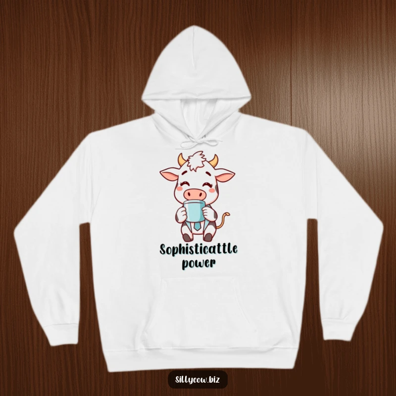 Funny hoodie featuring a cheerful cow in a business suit, sipping coffee contentedly, providing warmth and humor as a gift.
