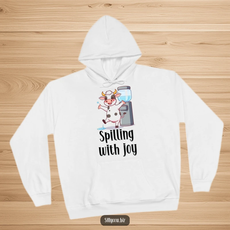 Funny Cow Hoodie: Cow joyfully dances by a water cooler, spilling a little, cozy and cheerful.