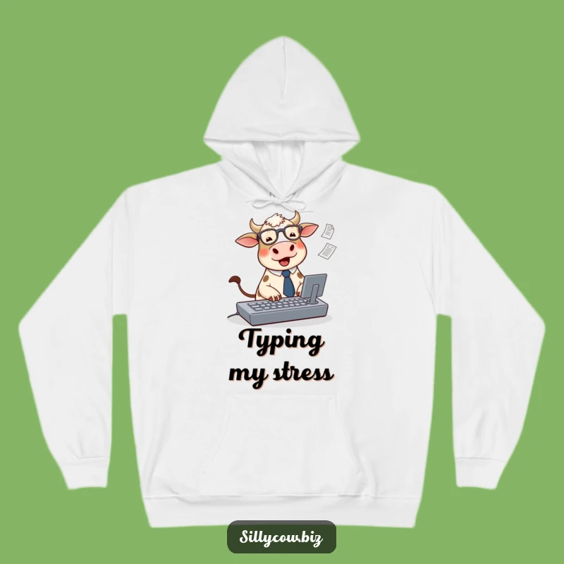 Cozy Funny Cow Hoodie: Office Typing Design, Warm Humorous Gift!