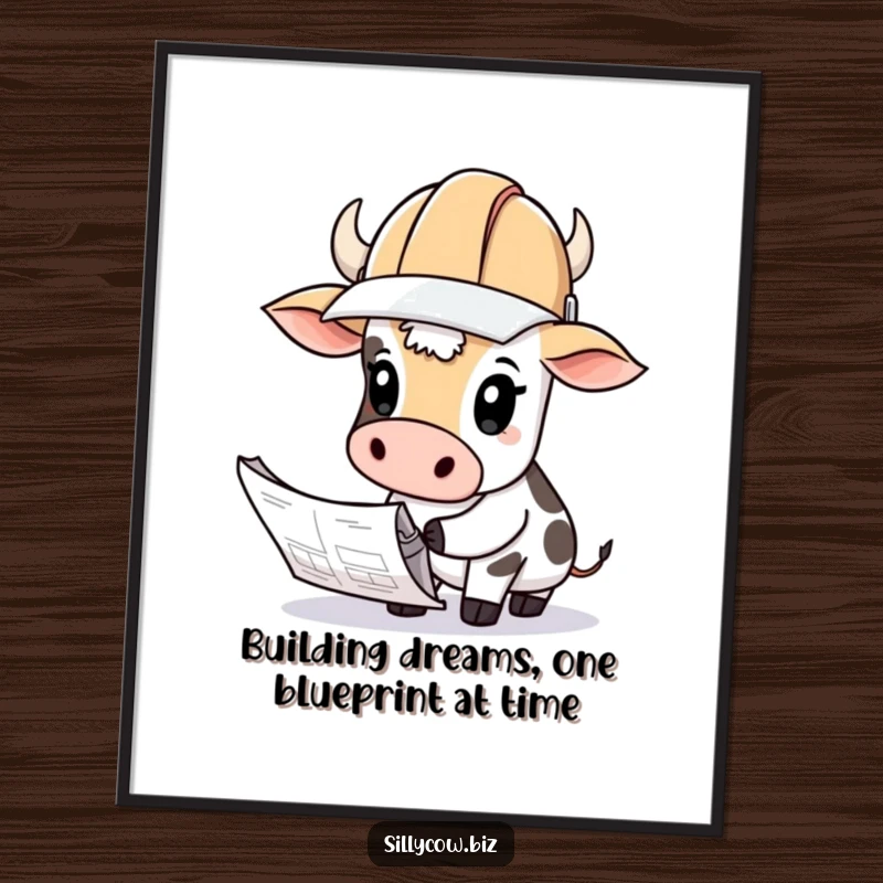 Funny Free Printable Wall Art of a cow wearing a hard hat, looking curiously at blueprints.