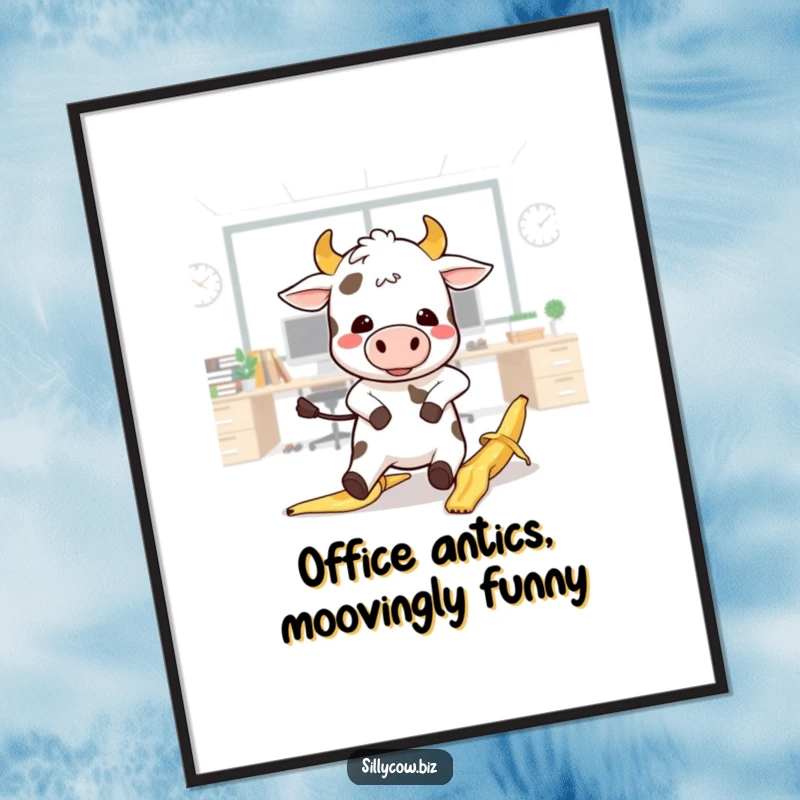 Funny Free Printable Wall Art of a kawaii cow character comically slipping on a banana peel in an office.